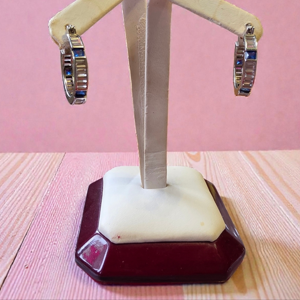 Elegant Sterling Silver Princess Cut Hoop Earrings with Blue Lab Sapphires